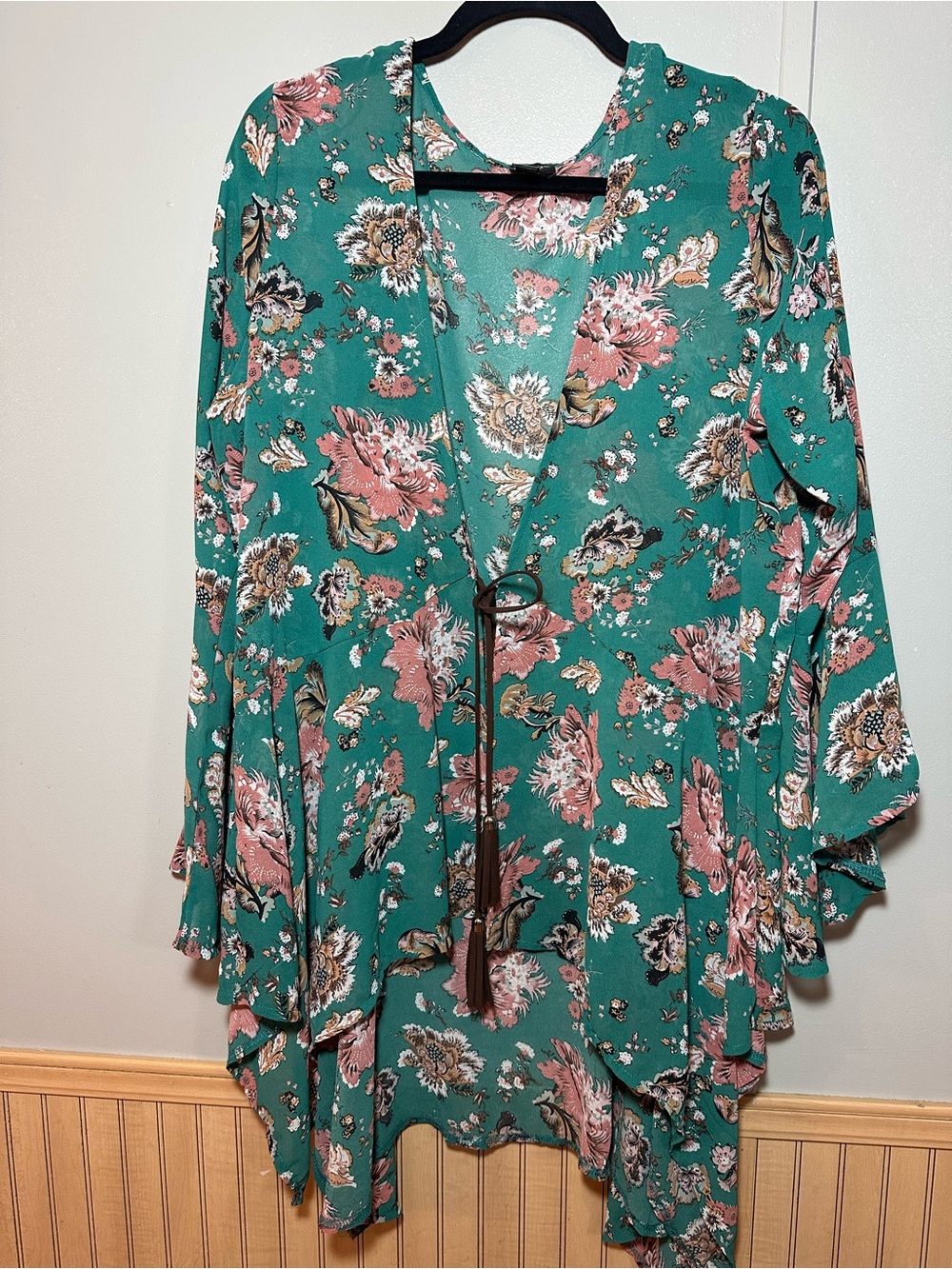 La Vanya Women's Green Boho Floral Sheer Bell Sleeves Kimono Cardigan Tassel Tie